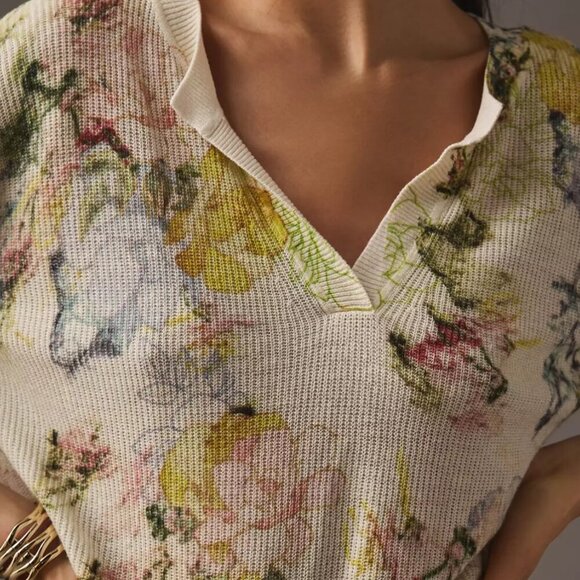 NWT Anthropologie Printed V-Neck Sweater Floral Pullover Sz Large Cream - Picture 11 of 11